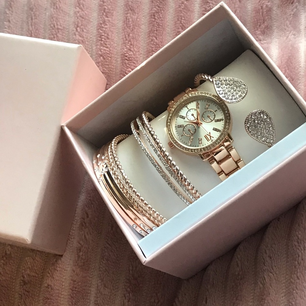Rose Gold Watch with Bangle Bracelets